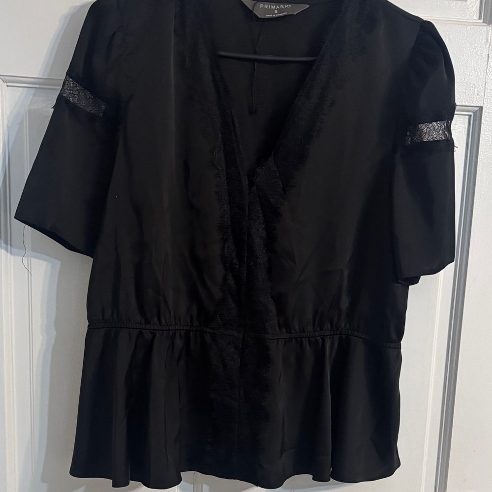 Primark Black V-Neck Peplum Top with Lace Trim